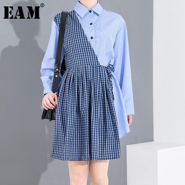 

eam] women blue striped pleated big size shirt dress new lapel long sleeve loose fit fashion tide spring summer 2020 1s38305s1, Black;gray