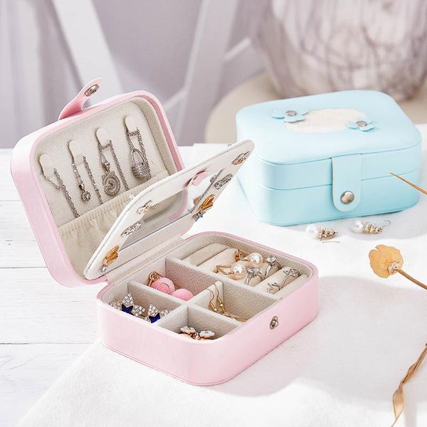 

double layer portable travel jewelry box women makeup necklace earrings organizer wedding gift display storage case, Pink;blue