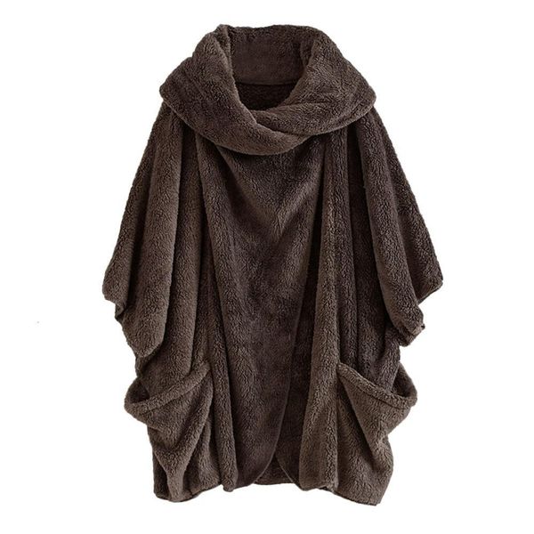 

stylish bar women fluffy coat oversized batwing sleeve jacket female button outwear autumn winter warm poncho lady jumpers, Black