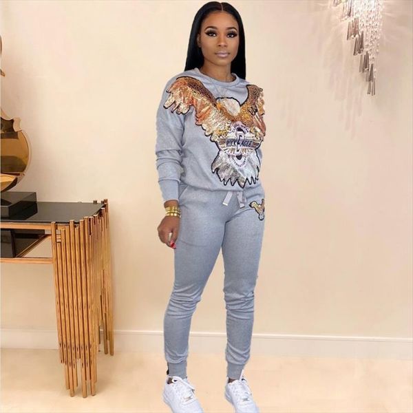 

2 two piece set women track suit and pants hooded suit fashion big sequins jogging femme sets two piece outfits sweat, Gray