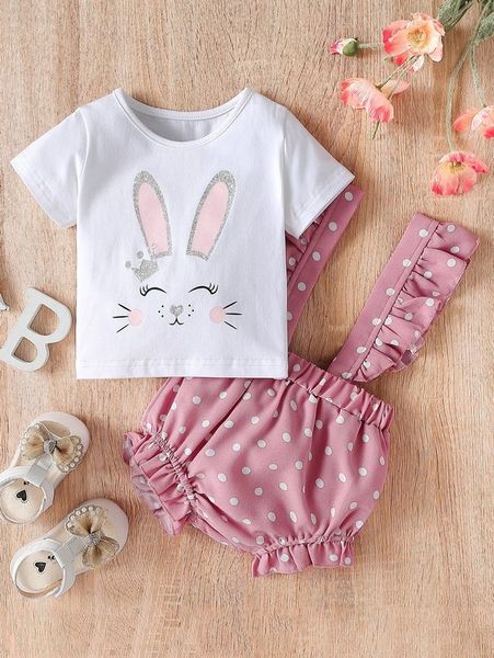 

baby rabbit print tee & polka dot ruffle trim pinafore shorts she, White