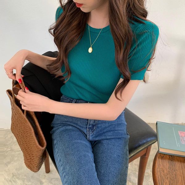 

2021 new solid knit for women summer short sleeve elegant ladies basic shirts 7zya, White