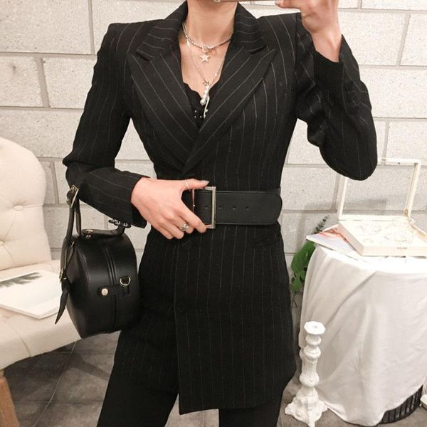 

women's suits & blazers temperament slim thin single breasted stripe small suit long sleeve belt jacket 2021 autumn winter fashion styl, White;black