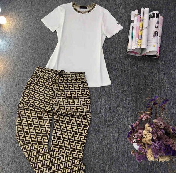 

two women's piece pants design cotton leisure sports suit summer high-end women's two-piece set large european fashion r21i, White