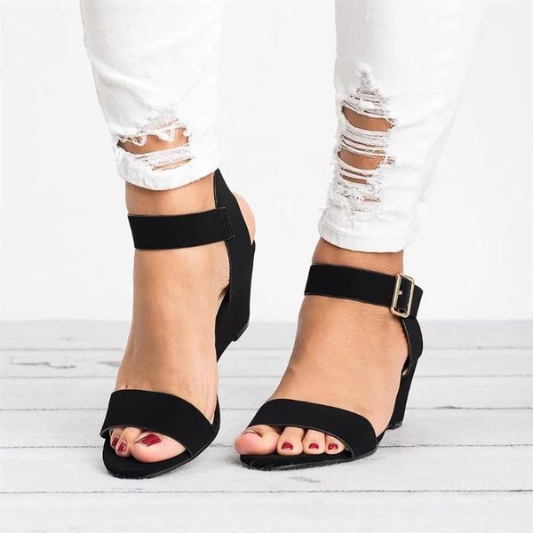 

summer shoes woman material flock fashion solid wedges heel buckle strap roman peep toe women's sandals large size, Black