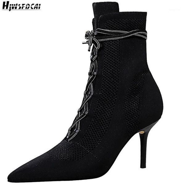 

boots hjwsfdcai stilettos high heel women cross-tied lace-up booties fashion mesh breathable mujer shoes pointed toe ladie ankle boot1, Black