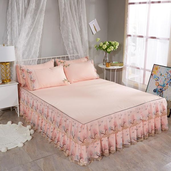 

bed skirt peach color chic ruffled embroidery lace pillowcase queen full size cotton sheet set double layer cover