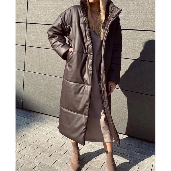

jackets winter elegant 1960s leather thick coats pockets straight loose down women pu female fashion cotton 2020 long ladies c20 evfhv, Black