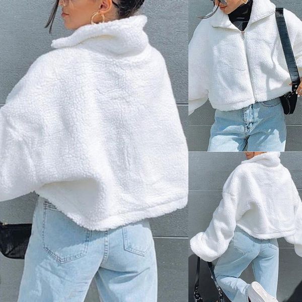 

women winter fuzzy plush zipper coat long sleeve lapel shaggy cropped jacket l5ya1, Black;brown