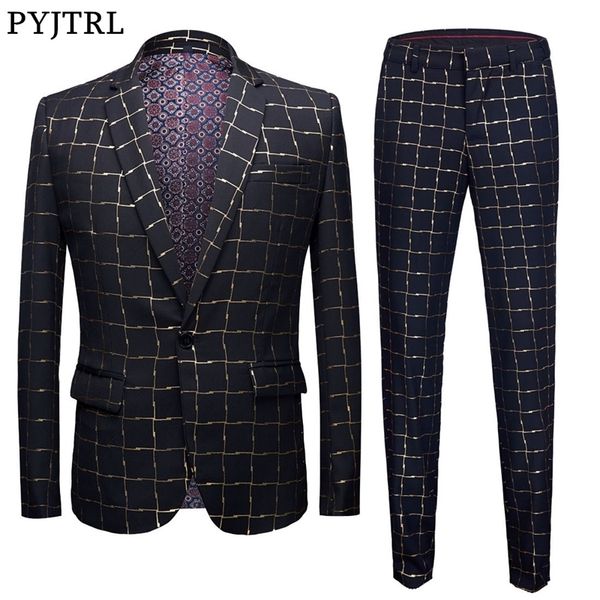 Pyjtrl Marke New Tide Männliche Plaid Gold Blumenmuster Slim Fit Herrenanzüge mit Hosen Hochzeit Bräutigam Tuxedo Sänger Kostüm 201105