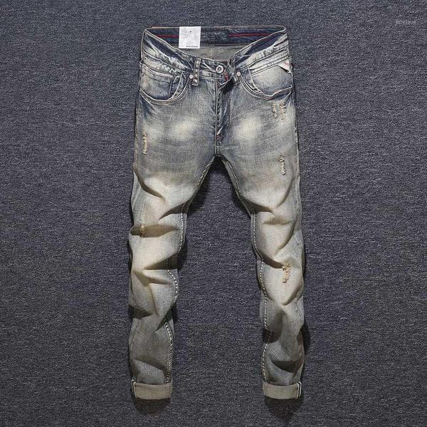 

fashion streetwear men jeans retro yellow washed slim fit ripped jeans men denim hip hop pants vintage designer homme1, Blue