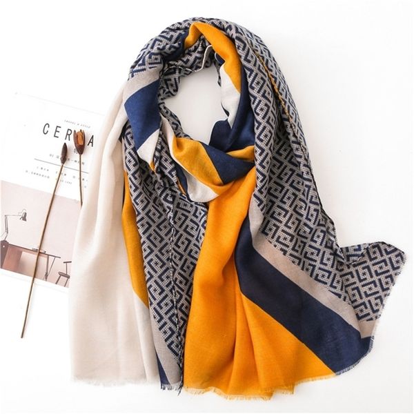 

ladies new fashion geometric patchwork fringe viscose shawl scarf autumn winter muffler headband foulards sjaal wrap hijab snood y201007, Blue;gray