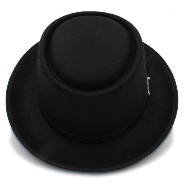 

wide brim hats vintage women men pork pie hat with fashion leather for dad wool flat fedora gentleman gambler trilby size 58cm1, Blue;gray