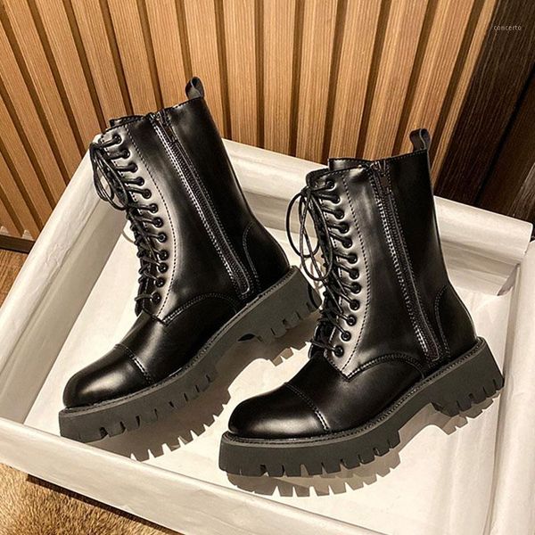

motorcycle boots women genuine cow leather cross-tie slide zip round toe lady ankle boots winter shoes handmade1, Black