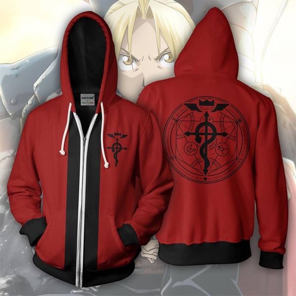 

2019 3d print anime fullmetal alchemist brotherhood full zip hoodies cool pullover thin coat jacket jumper sweatshirt, Black