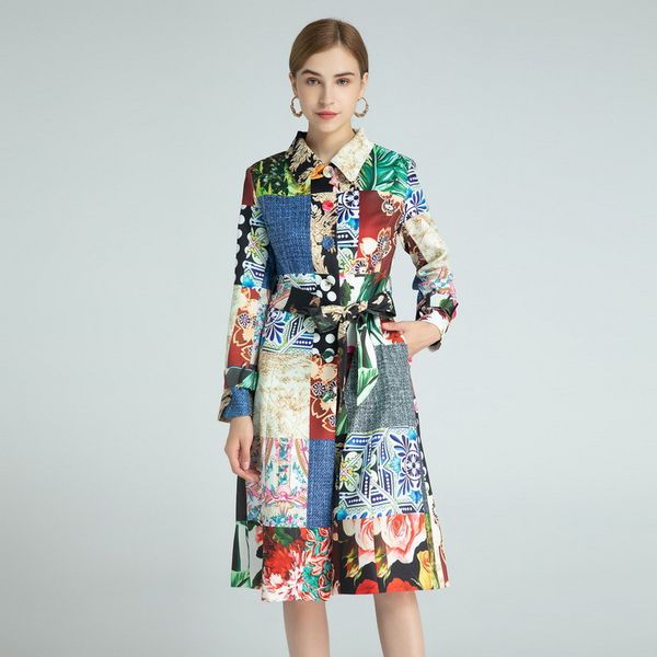 

1112 2020 autumn a line long sleeve lapel neck fashion coat prom fashion flora print panelled brand same style sh, Black