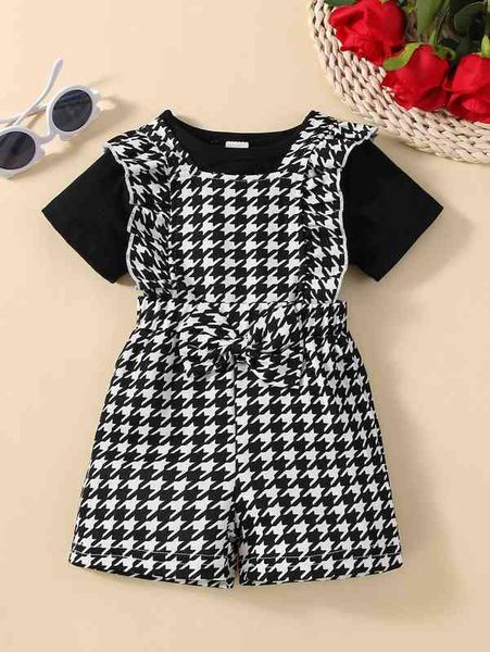 

baby solid tee & houndstooth ruffle trim bow front overall shorts she, White