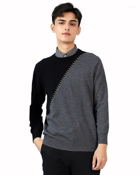 

zhili men's 100% cashmere crewneck patchwork pullover sweater11, White;black