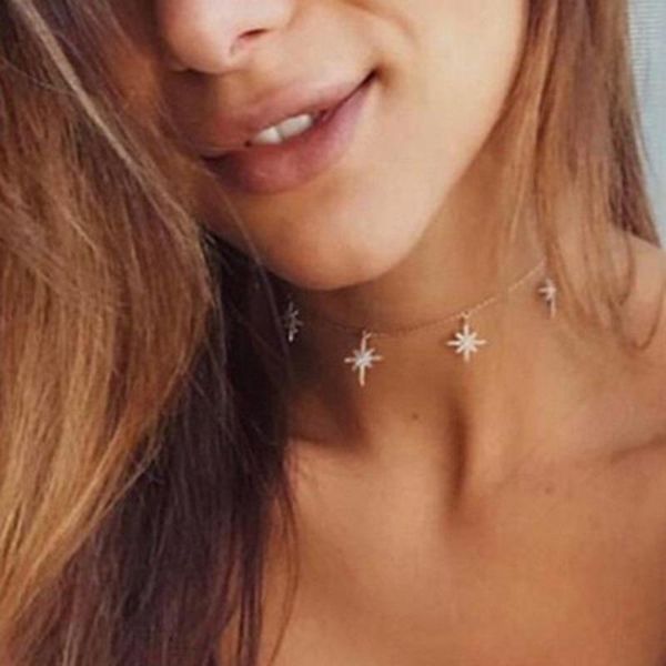 

chains boho chocker gold color chain tassel star choker necklace for women necklaces & pendants collar rhinestone, Silver