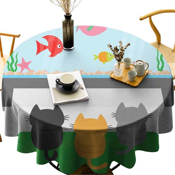 

round tablecloth cotton linen dust-proof table cover cats sitting on a carpet and looking at cheerful fish tank cat family of three content
