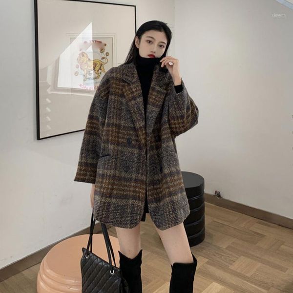 

retro plaid wool suit coat women's new autumn winter korean loose medium length woolen coat fashion1, Black