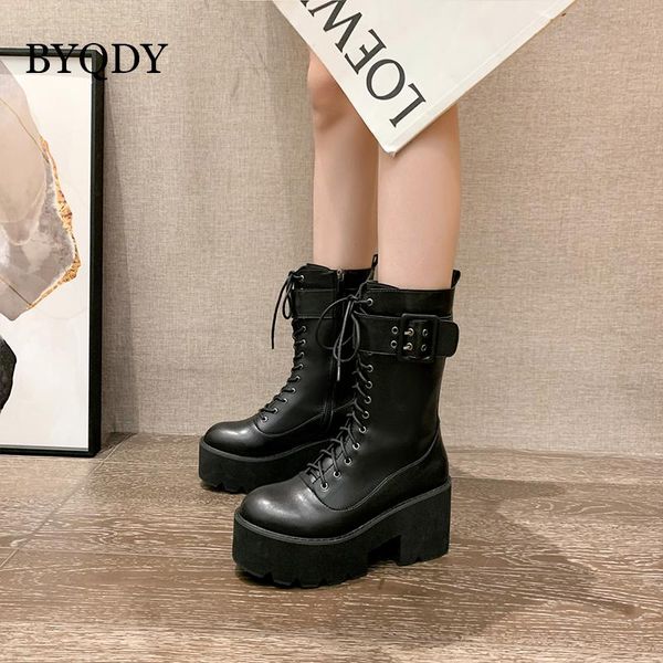 

boots byqdy 2021 winter punk gothic mid-calf women fashion black platform pu large size 41 wholesale