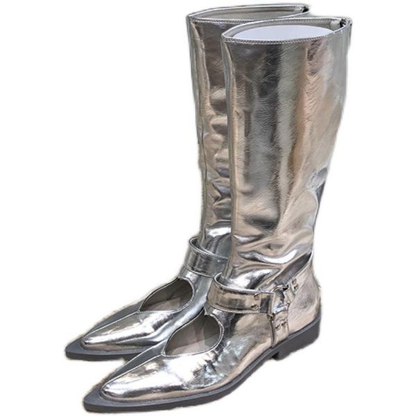 

boots deat 2021 autumn and winter fashion casual pointy thick heel back zipper silver long leather single women shoes sg117, Black