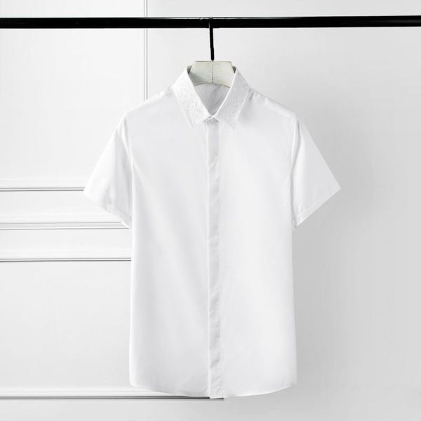 

2020 mens shirts embroidery collar short sleeve mens dress shirts plus size 4xl solid color slim man, White;black