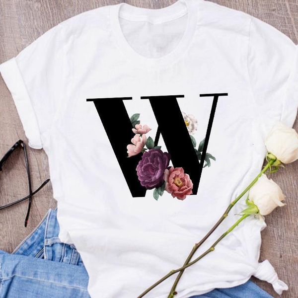 

women graphic letter w camisas mujer flower clothes 90s floral lady clothing female tees print t shirt womens t-shirt, White