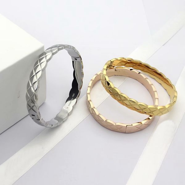 

europe america fashion style lady women titanium steel engraved c initials plaid wide bangle bracelets 3 color, Black