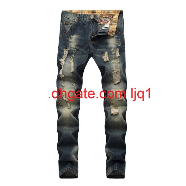 

new jeans men's slim straight tube holed four seasons men's jeans pants, Blue