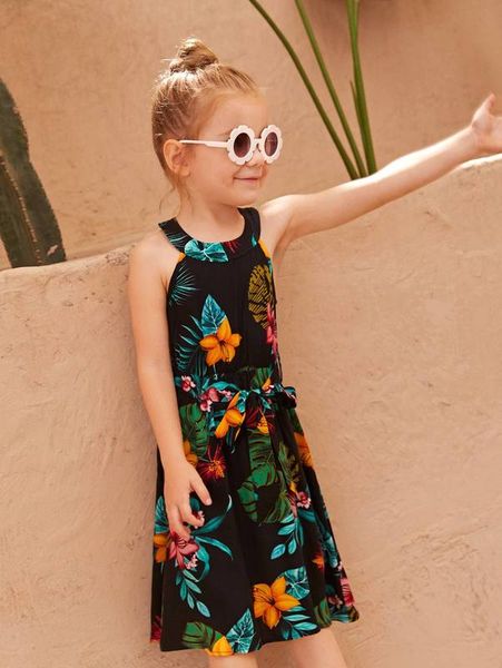 

toddler girls tropical print belted halter dress she, Red;yellow