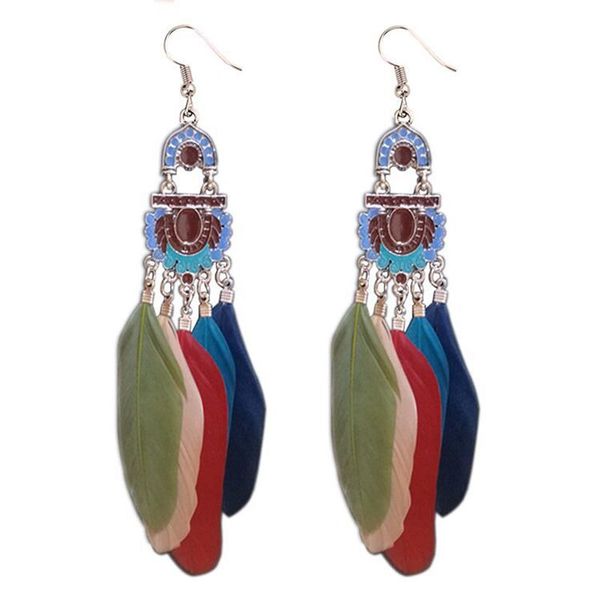

new boho long feather tassel earrings for women's color oil drop feather ethnic style earrings exaggerated jewelry for women, Silver