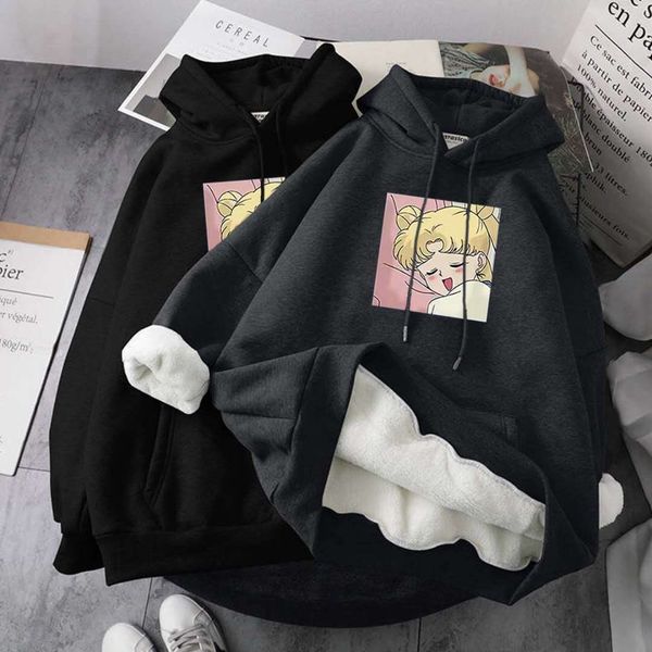 

lcashmere sweater women's autumn winter plush hooded korean version of ins fashion students' loose and lazy coat, Black