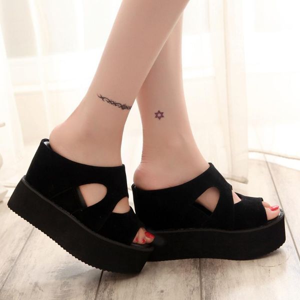 

thick bottom women sandals wedges summer shoes casual slippers female fish mouth sandals solid color fashion lady wedges shoes, Black