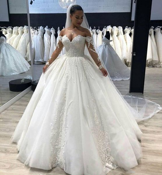 

custom made long sleeves lace ball gown wedding dresses 2021 with appliques off shoulder sweep train tulle sweetheart wedding bridal gowns, White
