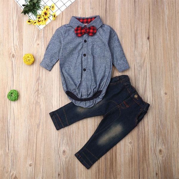 

pudcoco newborn baby boy clothes 2pcs gentleman set lons sleeve denim romper jeans long pants outfits clothes y200803, White