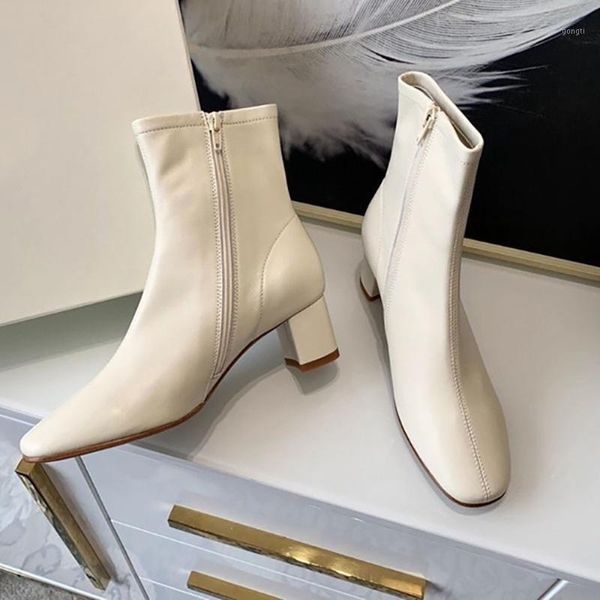 

boots solid color genuine leather square toe ankle brand design women shoes 2021 fashion high heels 4.5cm zipper boots1, Black