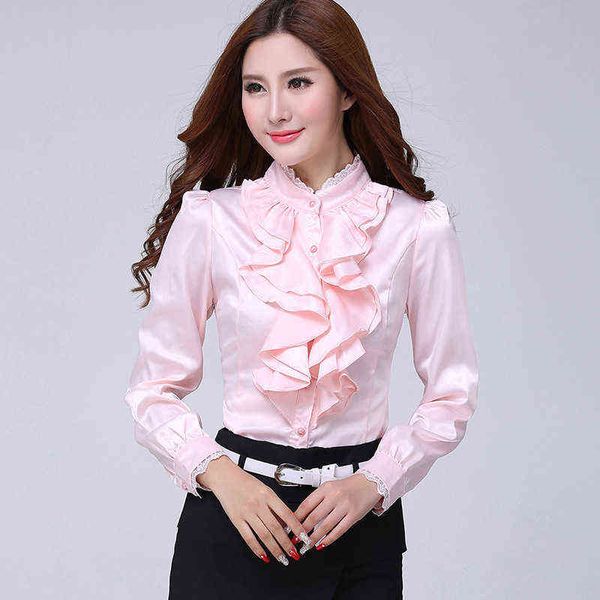 Blusenshirt Damenmode Blusen Rosa Freizeithemden Eleganter Rüschenkragen Weiß Büro Weibliche Kleidung Frühlingsoberteile Plus Größe H1230