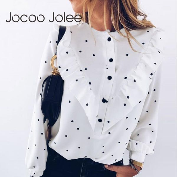 

jocoo jolee elegant ruffle polka dot print blouse women o-neck long sleeve shirt female spring summer casual shirt lady clothing1, White