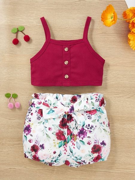 

baby fake button cami & floral print belted shorts she01, White