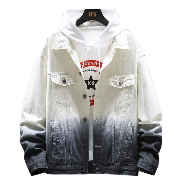 

man autumn gradually coloured jean jacket loose leisure hip hop denim patchwork jacket, Black;brown