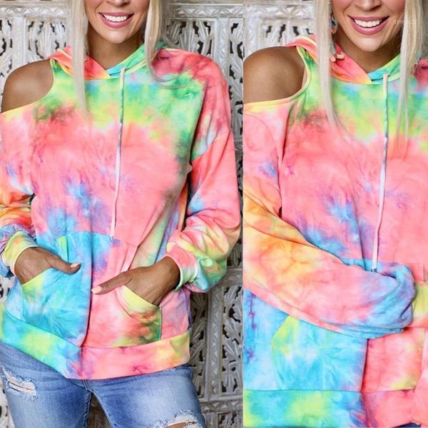 

loose hoodies women tie-dyed hooded sweatshirt streetwear long sleeve rainbow color one off shoulder casual pullover 1, Black