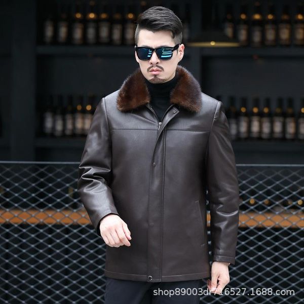 

men's leather & faux the 2021 middle-aged and old fur collar winter coat nick male clothing mink bile dad, Black