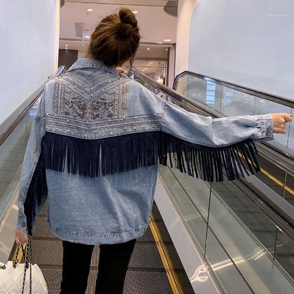 

denim jacket korean floral embroidery suede fringe loose chaquetas mujer coat long sleeve outerwear jacket women veste femme1, Black;brown