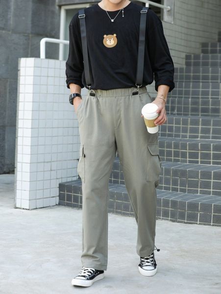 

men solid pocket detail pinafore pants e1fc#, Black