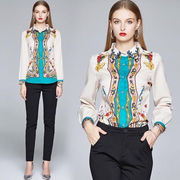 

spring summer fall runway floral print collar long sleeve turn-down neck womens ladies party workwear casual shirt blouse, White