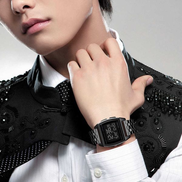 

skmei square led mens digital watch stainless steel strap luxury fashion man multifunct electronic watch relogio masculino 1368, Silver