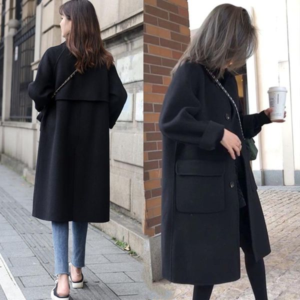 

autumn and winter 2020 new korean single breasted woolen women's thickened knee length black tweed coat