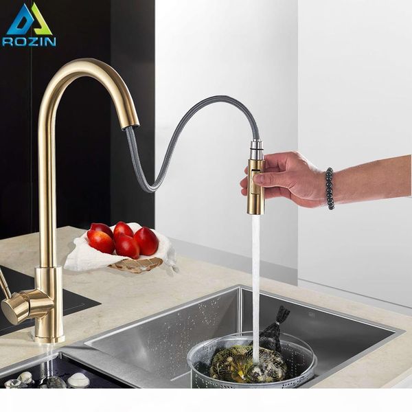 

brushed golden kitchen faucet sink mixer tap pull out swivel spout sink faucet stream sprayer kitchen cold water tap t200423